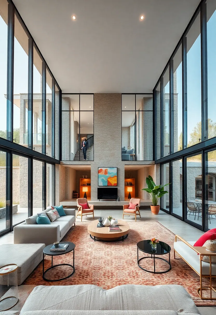 Architectural Symmetry Emphasized by Repetitive Glass Panels and integrated Natural Stone Foundations