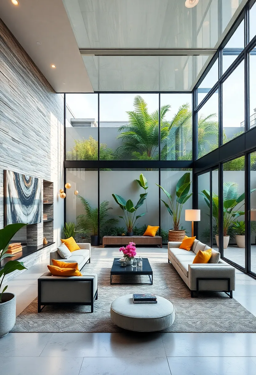 Contemporary Glass Living Rooms overflowing Light Into ⁢Lush Urban ⁢Courtyards Designed⁢ For Relaxed Sophistication