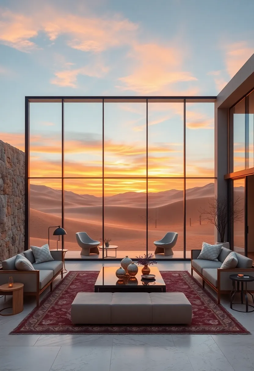 Desert Glass Villas surrounded by Sand‌ Dunes Featuring Reflective Surfaces That Capture Sunsets in Vivid Hues