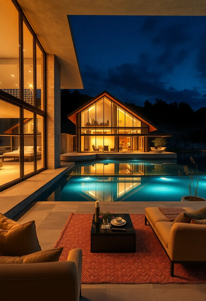 Ethereal Nighttime ⁢Ambiance⁤ of Illuminated​ Glass Houses ‍Reflecting ⁣on Tranquil Water Landscapes