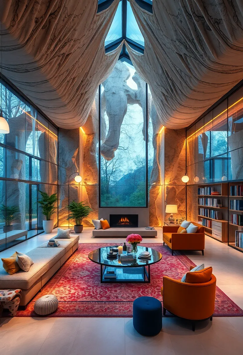 Luxury Glass Libraries Encased in Crystal-Like Structures Illuminated by Natural and Artificial Glow