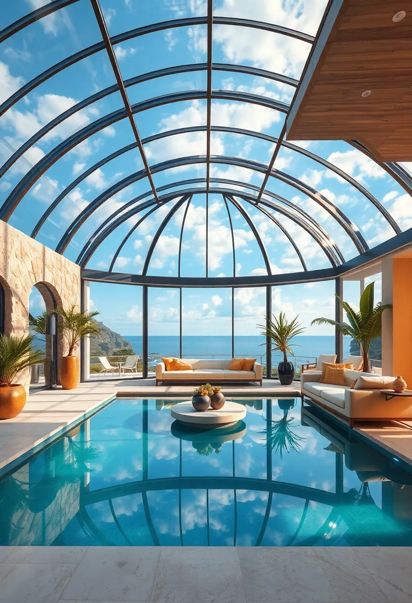 Translucent Glass ​Domes Overhanging Exotic Pools Reflecting ⁤Azure Skies and Modern elegance