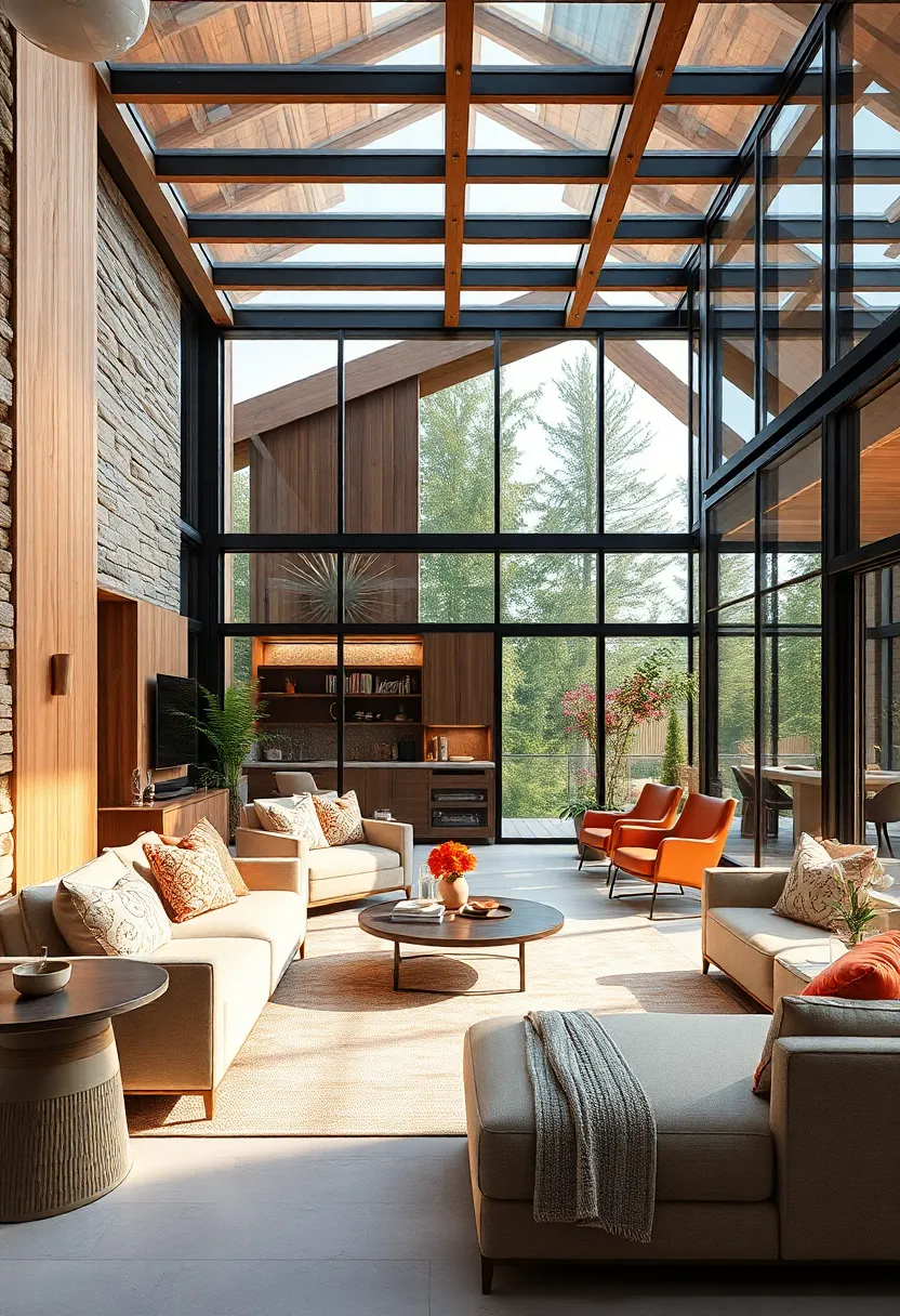 Warm Wooden Interiors​ Contrasting with Sleek Glass exteriors for a ⁢Harmonious Blend of Comfort and Style