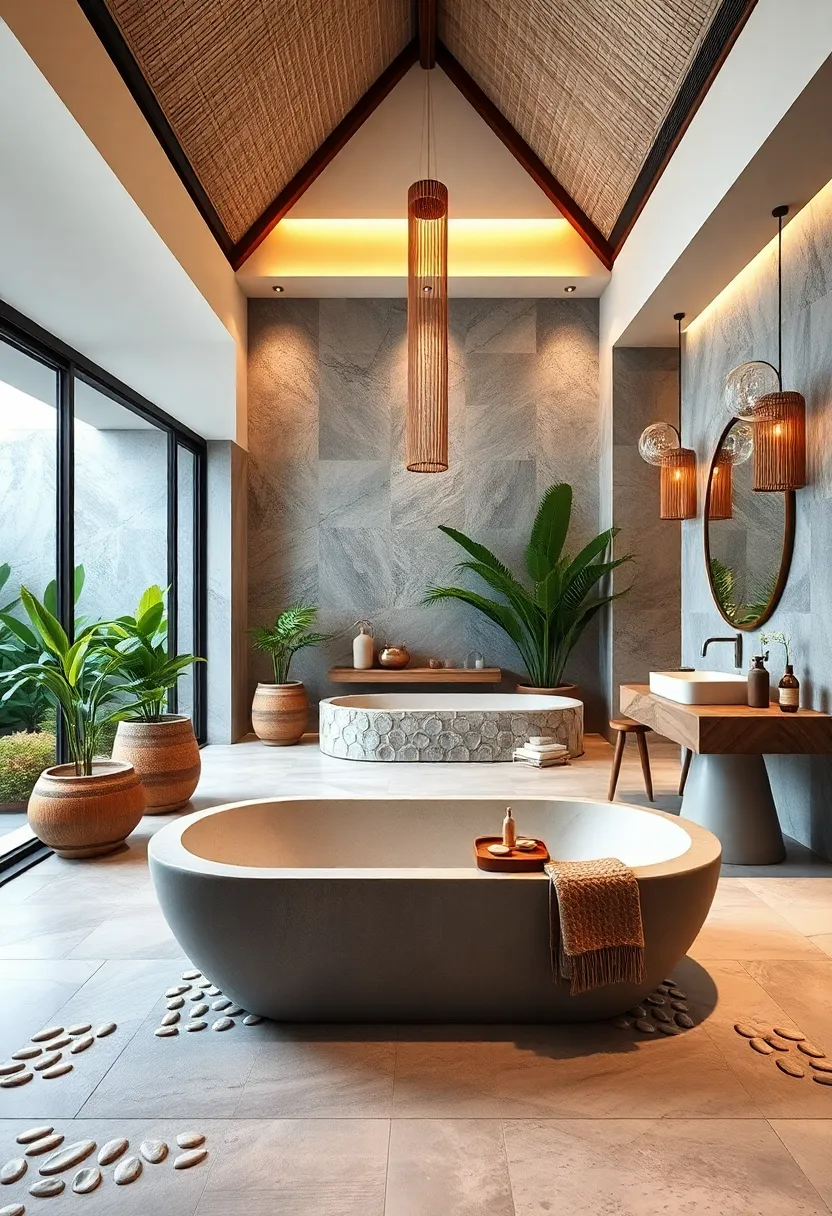 Design a ⁢spa-inspired bathroom⁤ with ​pebble tiles, bamboo accessories, and​ lush greenery