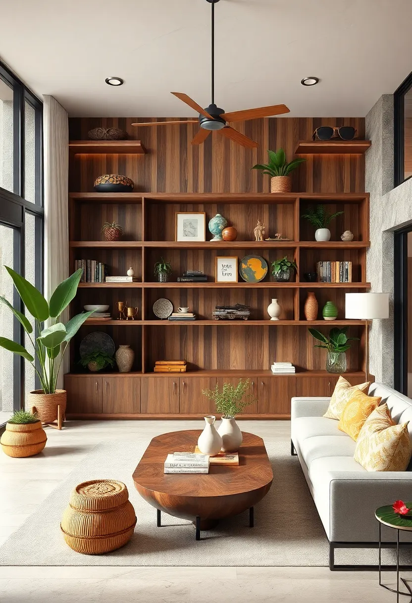 Embrace open shelving made from reclaimed ⁢wood to display travel treasures and tropical decor