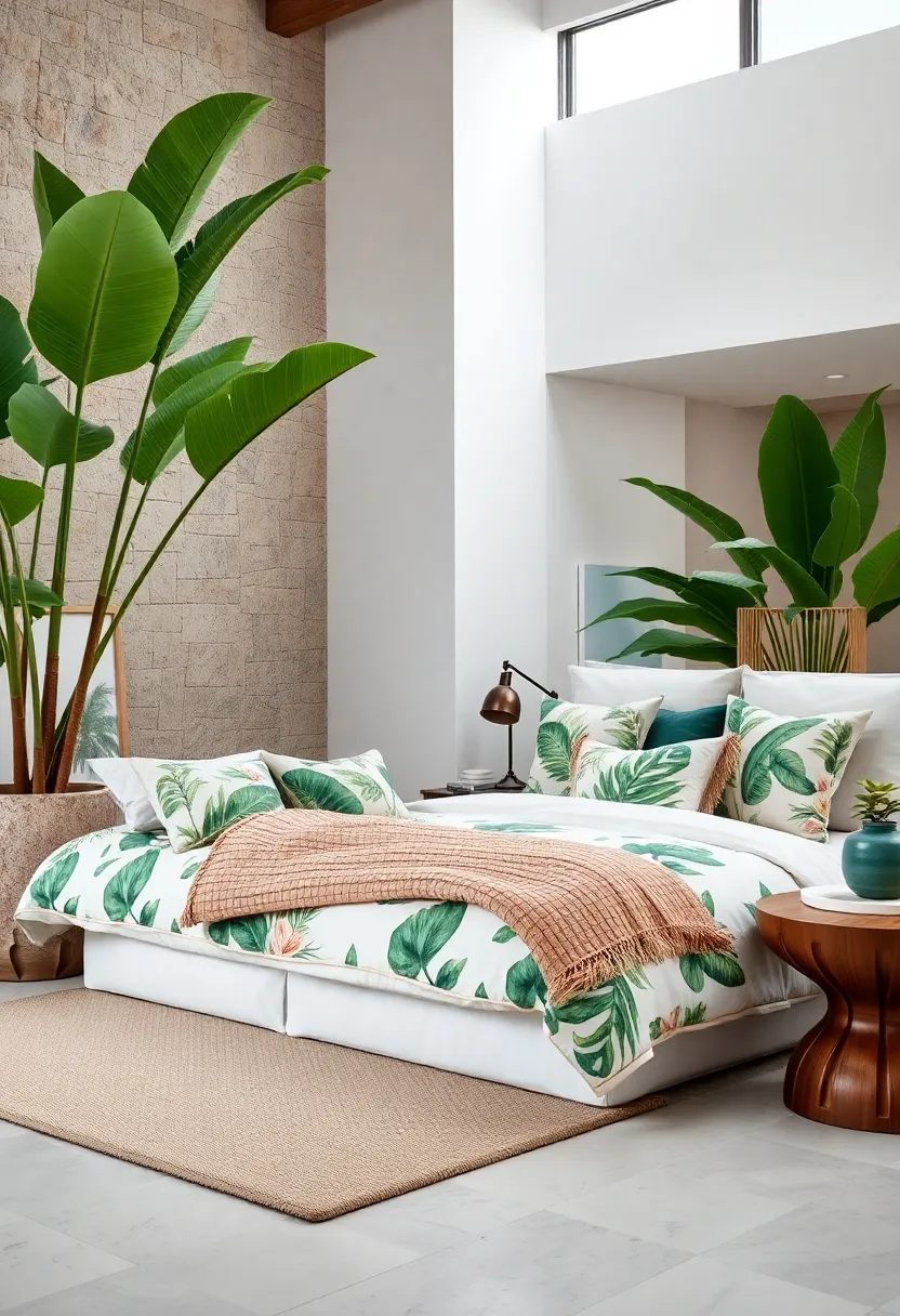 Select⁤ bedding and throw pillows ⁤in botanical prints ⁢with vibrant⁢ greens and pops ‌of tropical⁢ colors