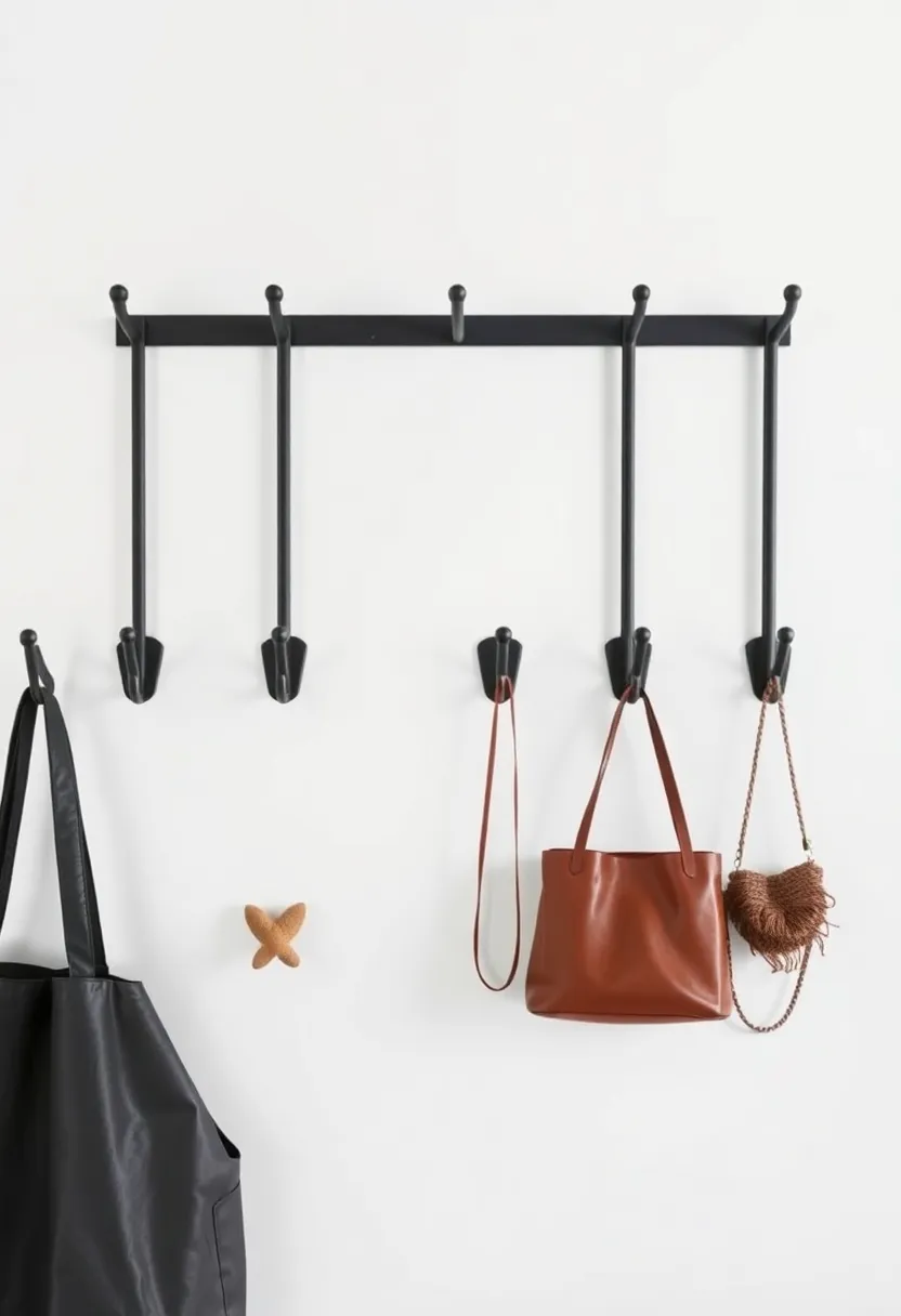 Industrial-Style Hooks: Use metal hooks for​ coats and bags, showcasing​ a functional yet artistic arrangement that welcomes guests into your home