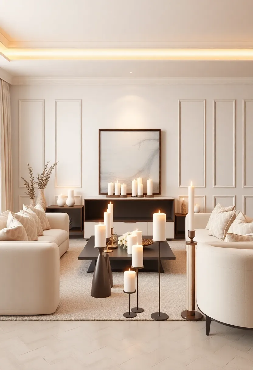 Elegant Candles: Use assorted candle sizes and holders as decorative pieces that also contribute to a warm,inviting atmosphere