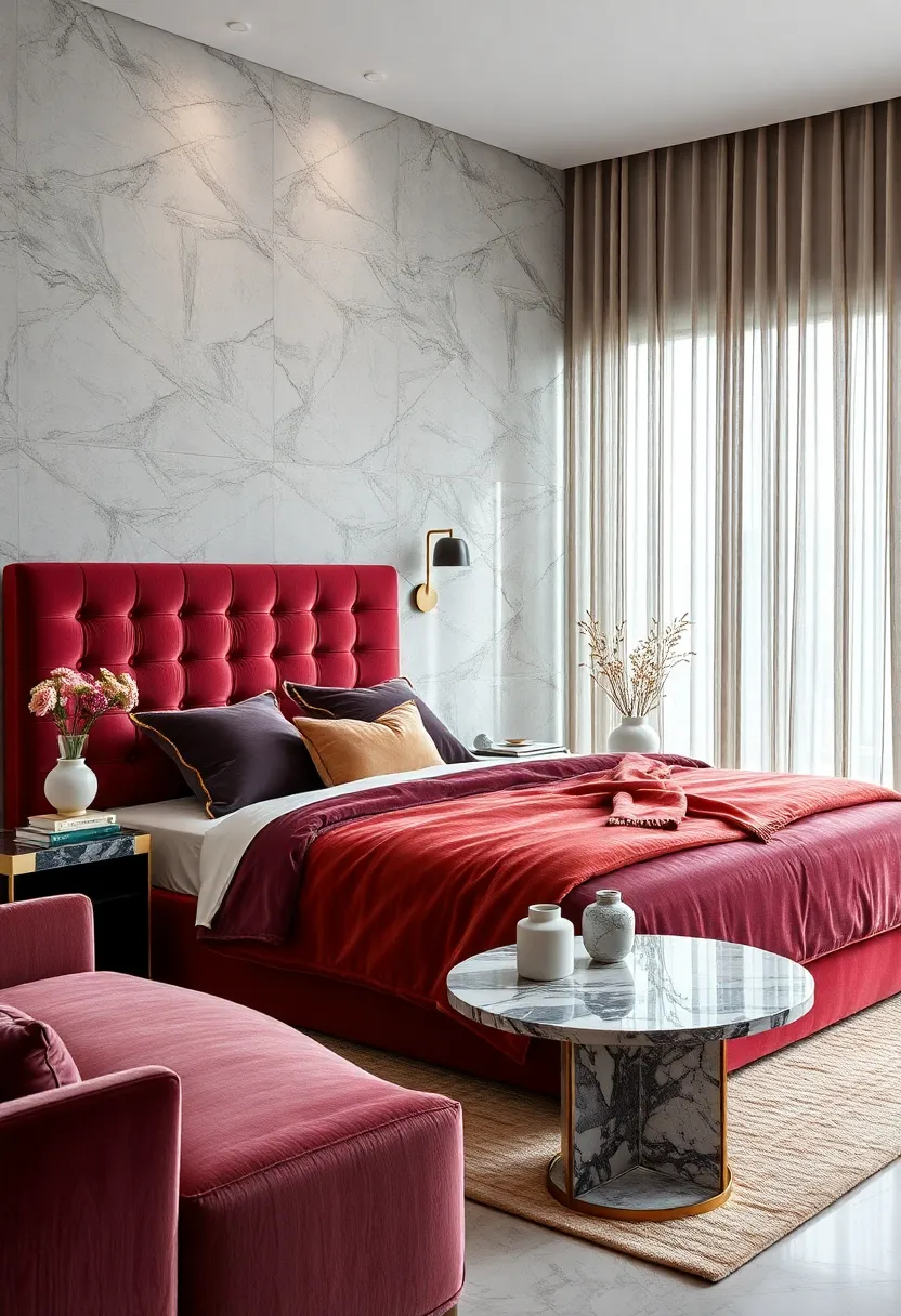 Luxurious Velvet Upholstered Bed With Rich Jewel Tones and Intricate Marble Table Accents