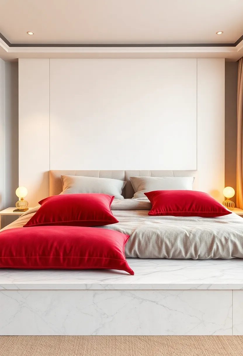 Velvet Upholstered Bed Framed By Marble Textured Walls and Brass Pendant Lighting Fixtures