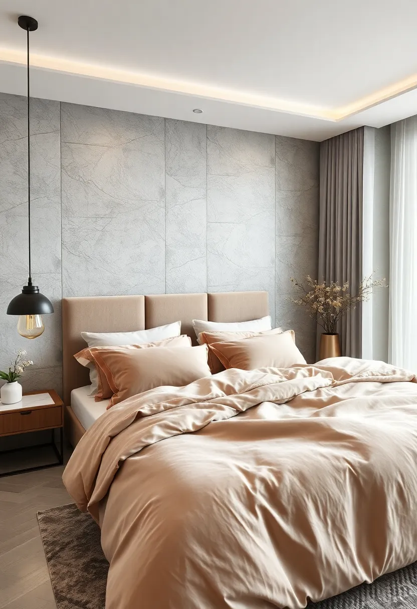 Luxurious Velvet bedding Textures Combined With Subdued Marble Desk Accents For Relaxed Sophistication