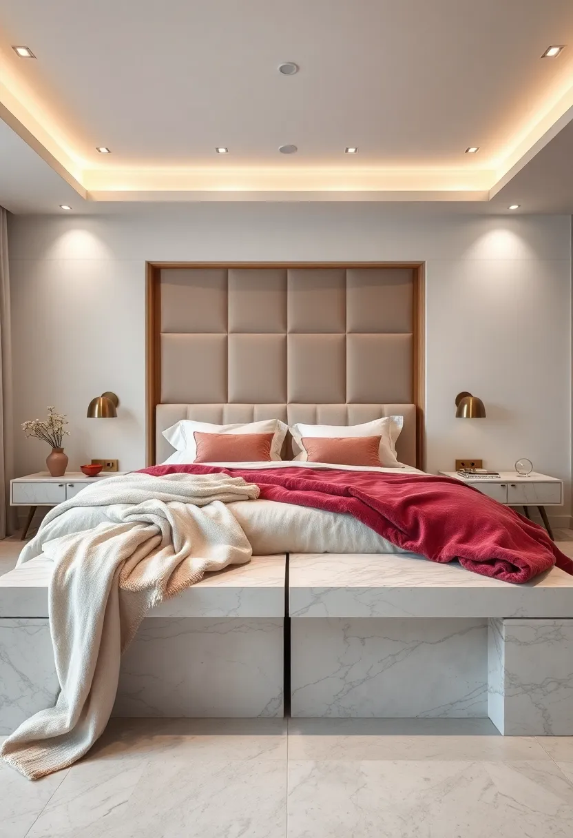 Velvet Throw blankets Draped Over Contemporary Marble Benches Beneath Soft ceiling Spotlights