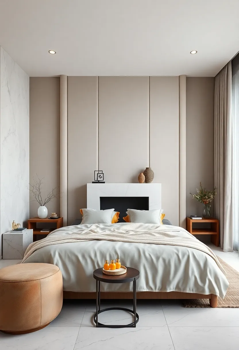 Marble flooring With Subtle Veining Complementing Deeply Textured Velvet Curtains And cushions