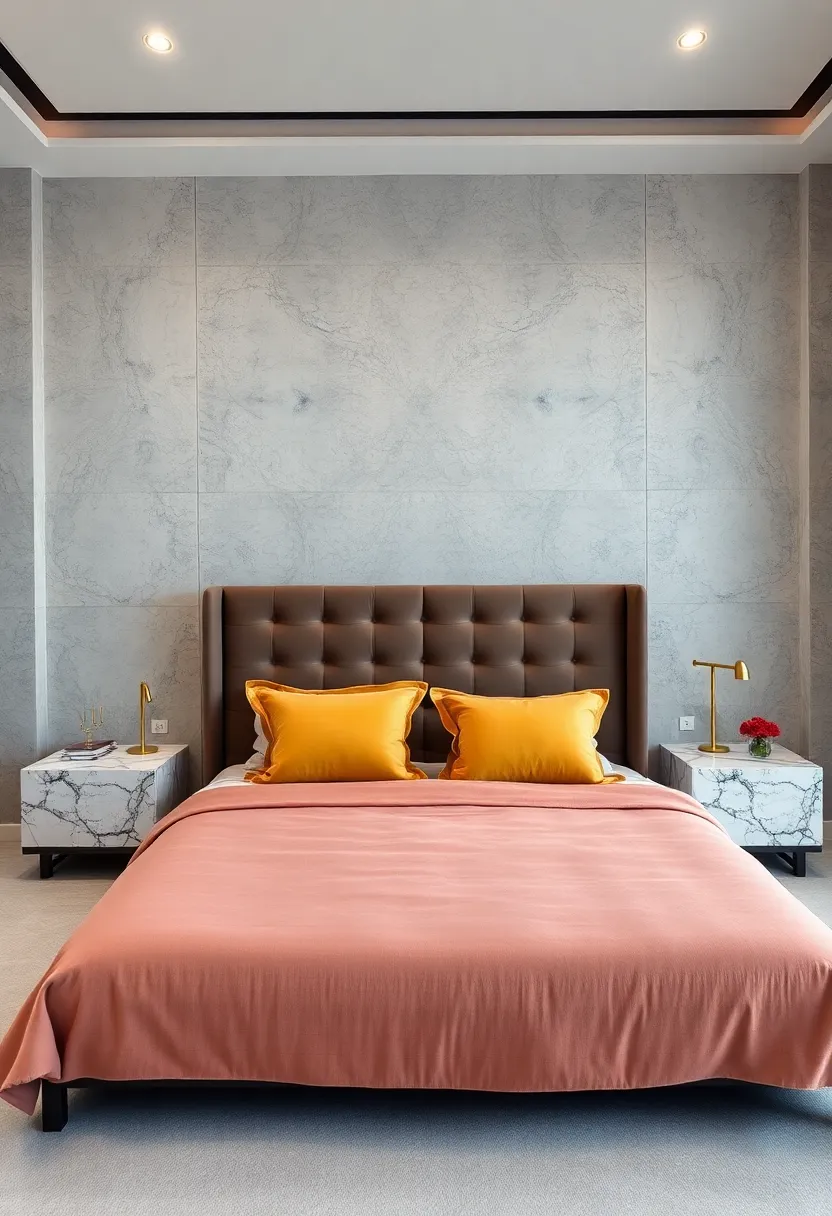 Minimalist Bedroom Featuring Velvet Headboard With Bold Marble Nightstands And Gold Fixtures