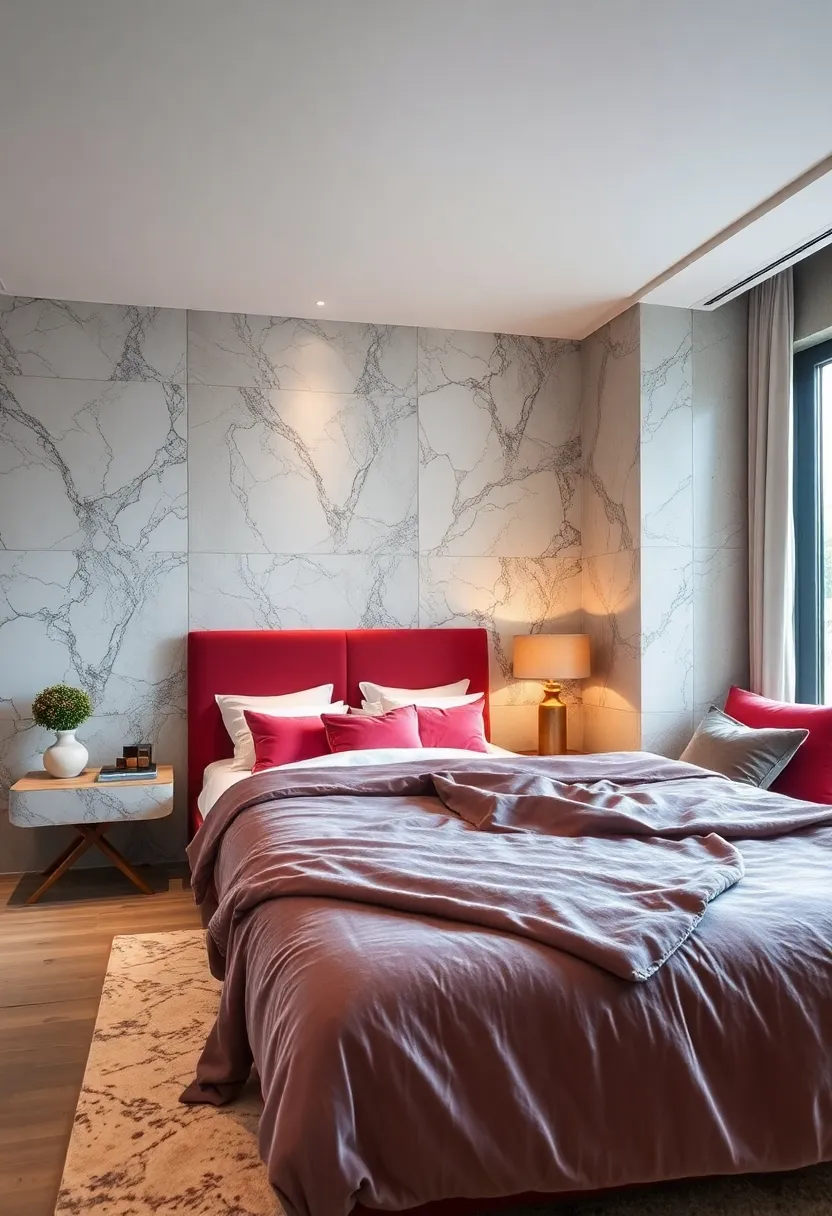 geometric Marble Patterns contrasted Against Smooth Velvet Upholstery In A Chic Bedroom Corner