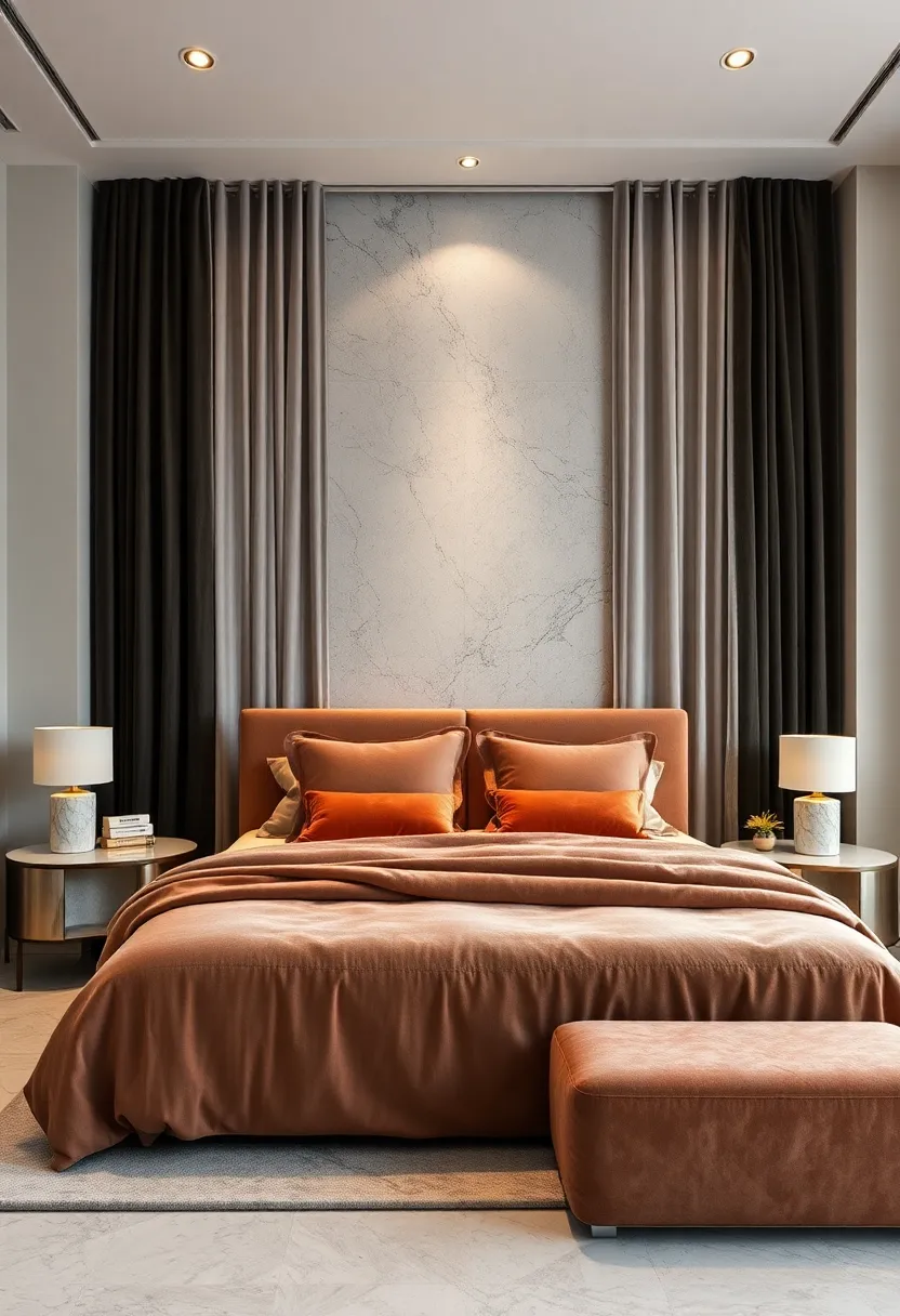 Pairing Creamy Marble Lamps With Dark velvet Drapes For A Sophisticated Bedroom Atmosphere