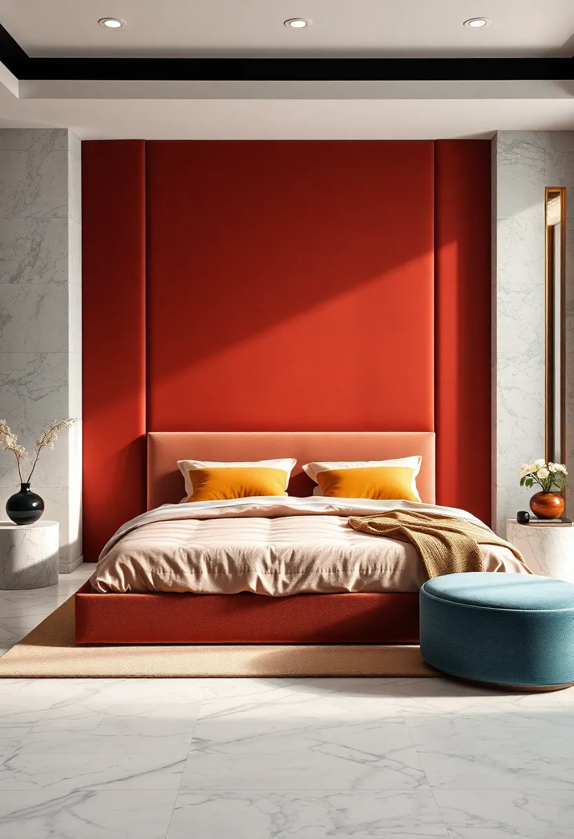 Velvet Upholstered Bed Backdrop with Marble Floor Tiles And Soft Reflective Surfaces Around