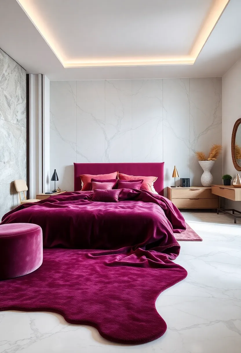 Contrasting Smooth Marble Flooring With Lush Velvet Rugs And Plush Bed Covers In A Serene Setting