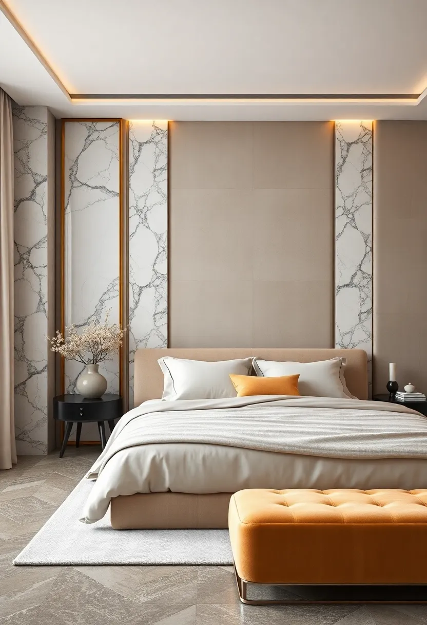 Marble Column Details Juxtaposed With Velvet Wall Panels In An Elegant Modern Bedroom Design