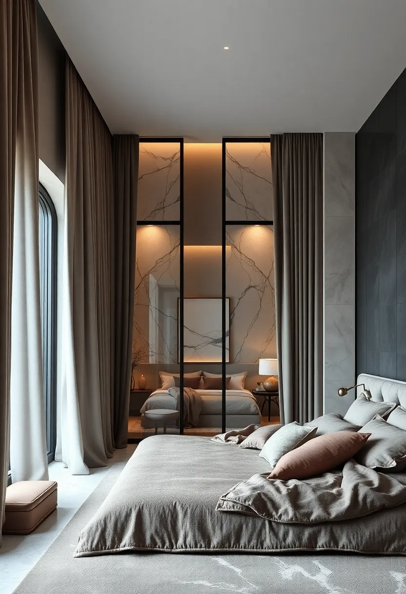 Deep Velvet Curtains Framing Marble-Framed Windows With Views Of A Contemporary Bedroom Interior