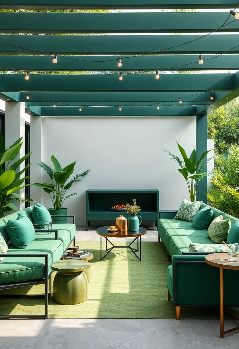 elevating Outdoor Spaces with Lush Forest Green Furnishings and gold Highlights