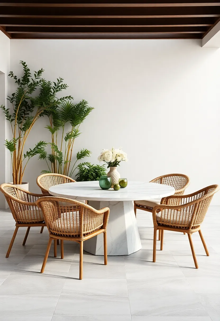 Embrace‌ Elegance: Discover the⁣ beauty of marble-topped⁢ dining ⁣tables surrounded⁣ by chic ⁢rattan chairs, creating‌ a‌ sophisticated​ gathering ​space