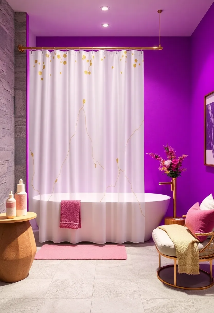 Gold Leaf Glamour: Opt for a shower curtain embellished with subtle gold leaf accents for a warm, opulent glow