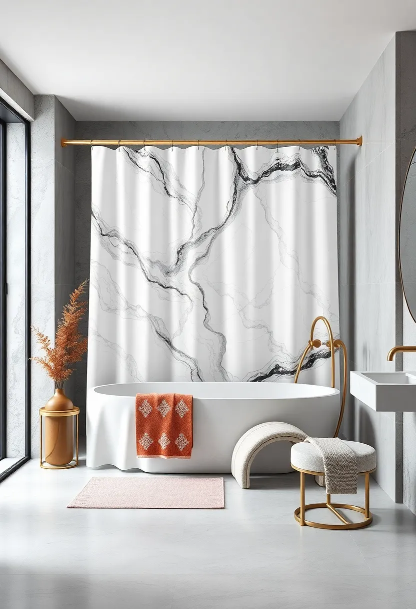 Marble Vein Marvel: Incorporate a shower curtain with delicate marble patterns to add a touch of sophisticated luxury to your bathroom