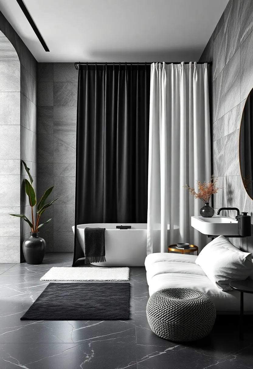 Minimalist Monochrome Magic: Select a simple black and white curtain with crisp lines to achieve an understated, elegant vibe