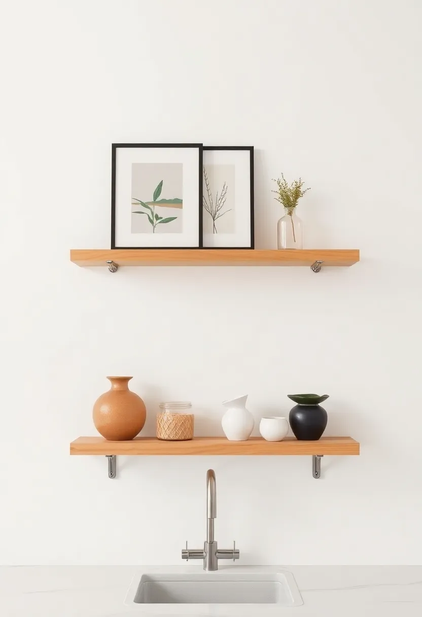 Floating Shelves with Art: Install floating shelves that showcase small minimalist artworks along with functional kitchen items for a stylish yet practical display