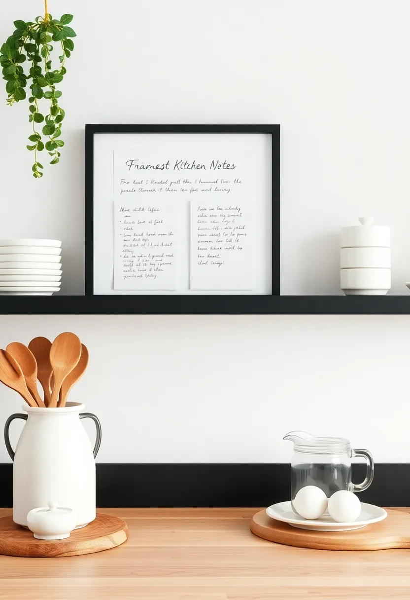 Framed Kitchen Notes: Frame handwritten notes or sketches of recipes and cooking inspiration to personalize your kitchen art in a minimalist way