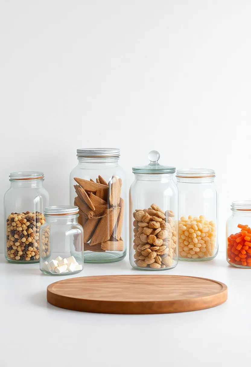 Glass jar Displays: Use clear glass jars of varying sizes filled with pantry staples as art pieces that are both visually appealing and functional