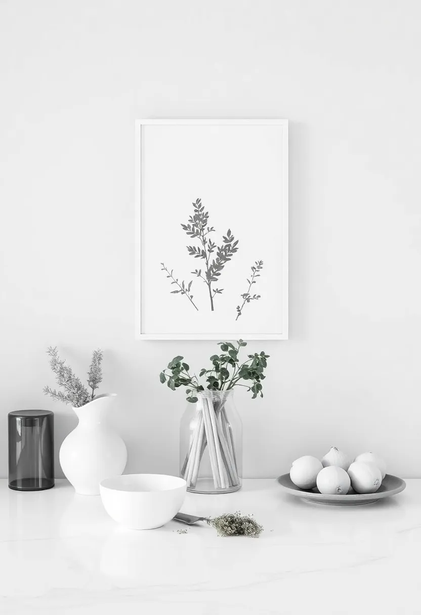 Monochrome Botanical Prints: Choose monochrome prints of herbs or vegetables to bring a touch of nature indoors while maintaining a clean aesthetic