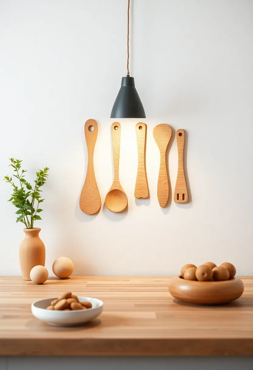 wooden Cutout Art: Hang minimalist wooden cutout art of kitchen utensils or food to incorporate natural materials into your space seamlessly