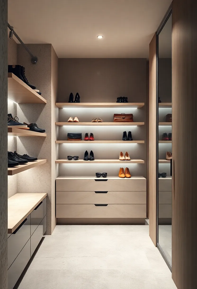Floating shelves with clean lines to display designer shoes and accessories effortlessly