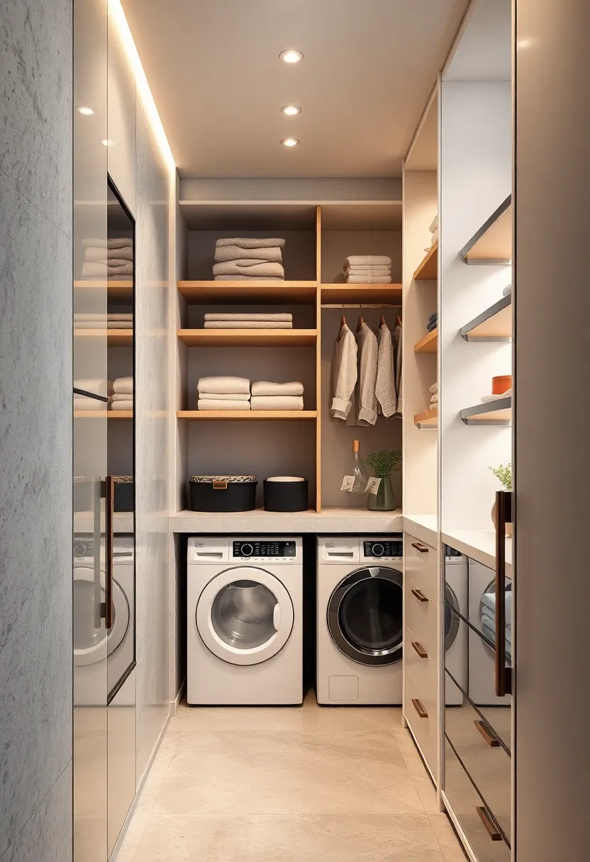 Hidden laundry bins integrated within cabinetry for a clean, organized look