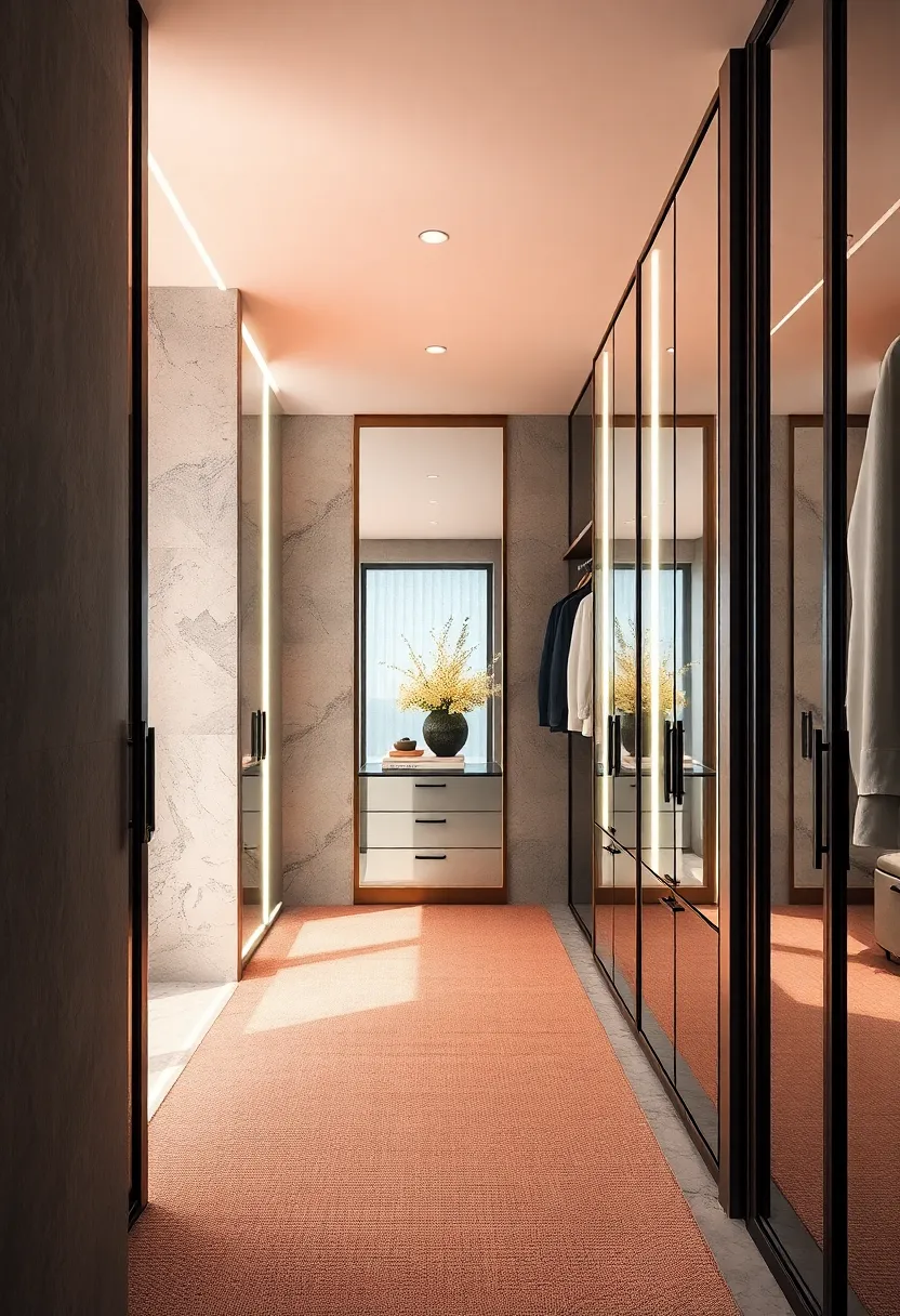 Expansive mirrors framed by subtle lighting to enhance natural light and add depth