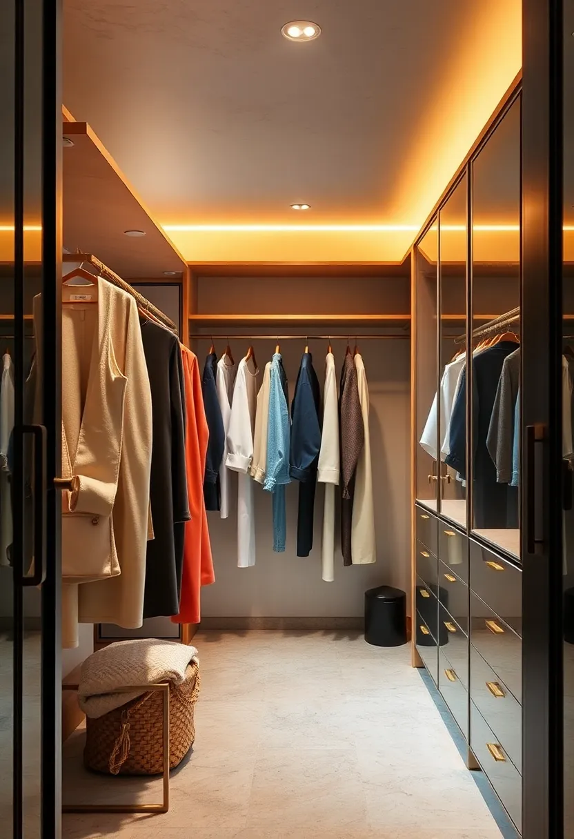 Open hanging rails paired with minimalist brass hardware for an elegant yet simple look