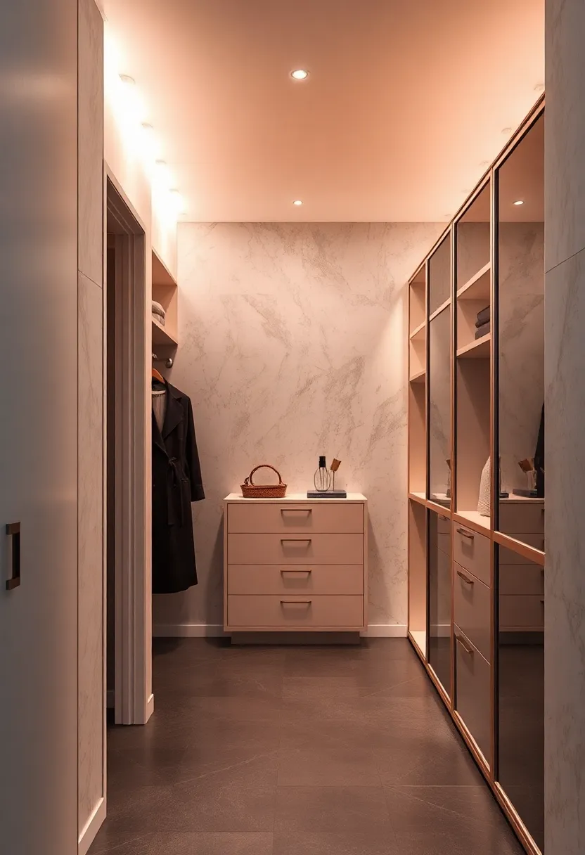 Subtle textural contrasts, such as a matte wall finish against glossy storage units