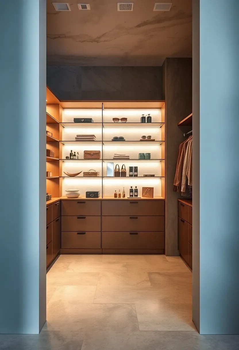 Glass shelving combined with soft under-cabinet lighting to highlight luxury items