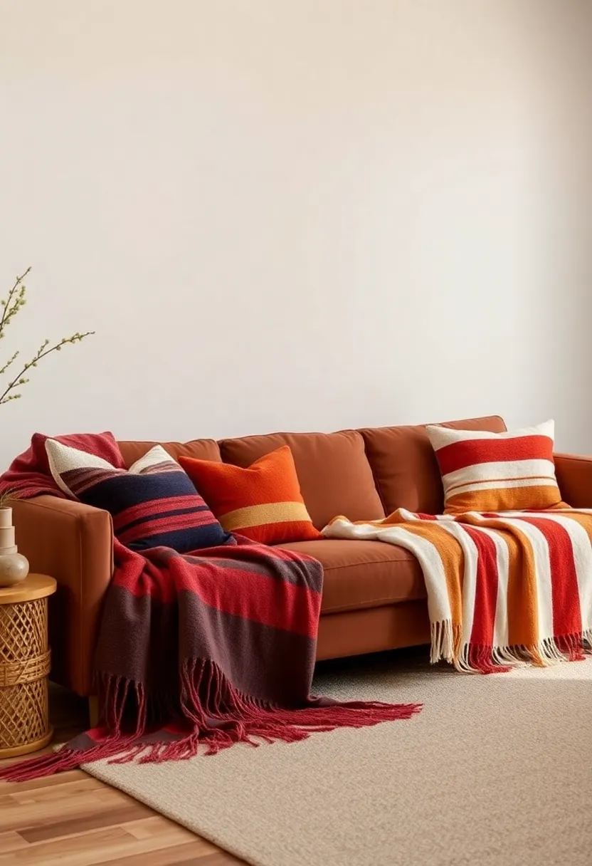 Sunset Stripes: A refined blend of earthy terracotta and soft peach stripes ​that create a warm, welcoming feel perfect for modern bohemian decor