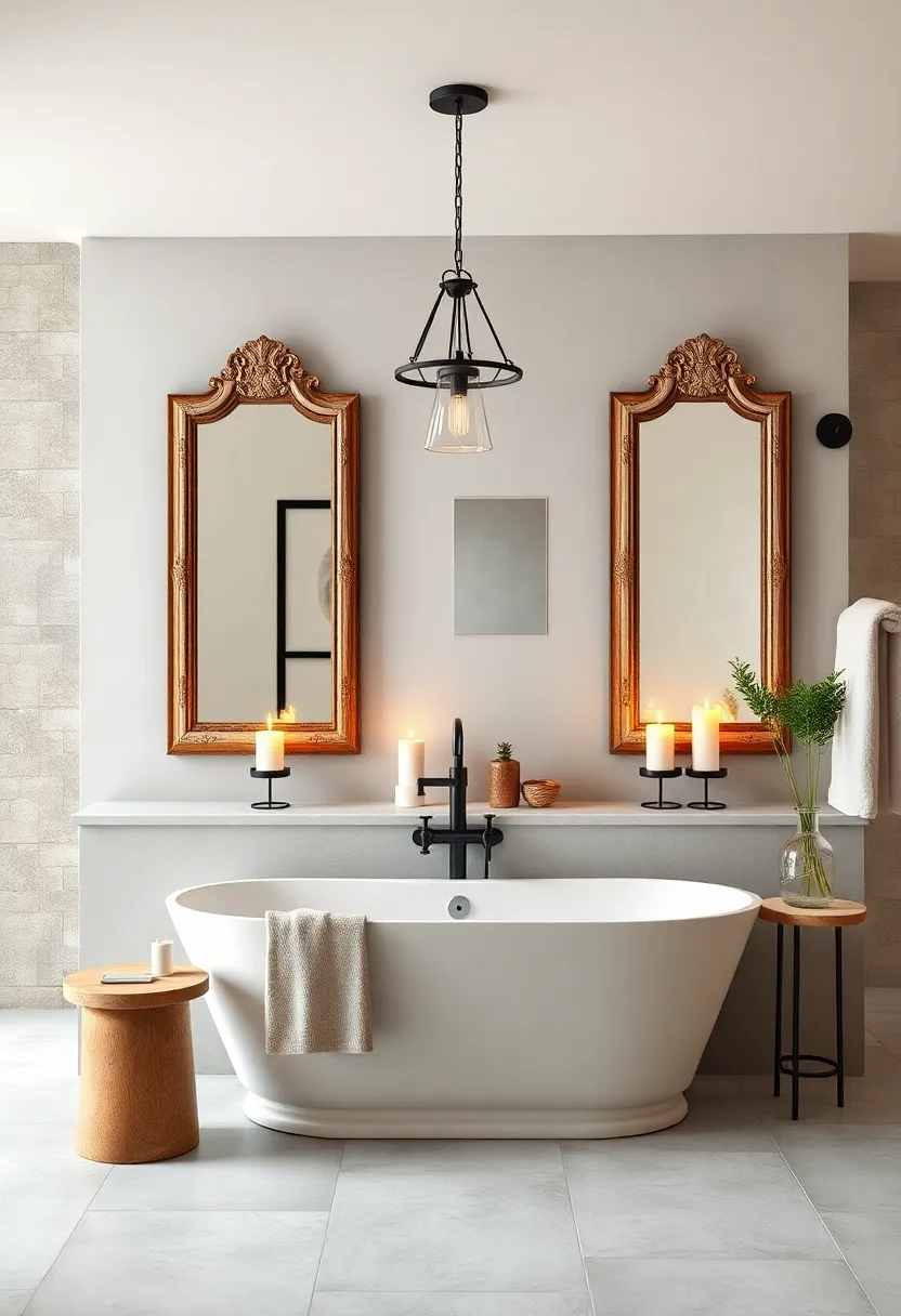 Antique Mirrors with Distressed Frames⁣ Reflecting Soft Candlelight Around a Modern Farmhouse Tub Nook