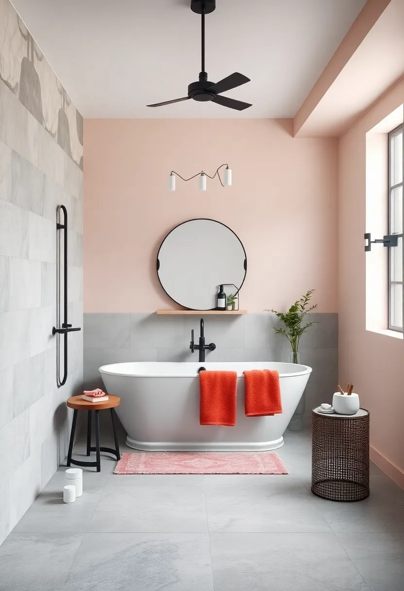 A Blend of Industrial and Farmhouse ⁣Elements with Steel‍ Fixtures and Soft Pastel Walls Surrounding ⁤a Bath​ Refuge