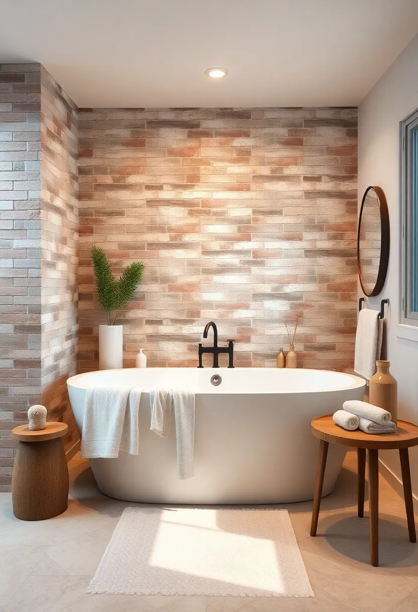 Brick Accent Walls Highlighting a Spacious Soaking Tub with Plush Towels and Rustic Hardware Fixtures