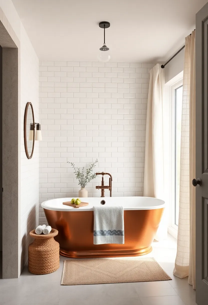 classic Subway Tile walls⁣ Contrasting Beautifully with a⁢ Copper Farmhouse Tub and Linen Drapes ⁣in a cozy bathroom