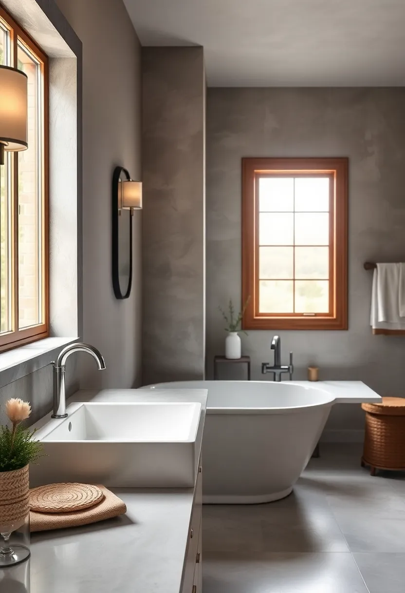 Classic Farmhouse Sink with Porcelain​ Accents Near a Window Offering‍ a Peaceful View to a Bathtub Area