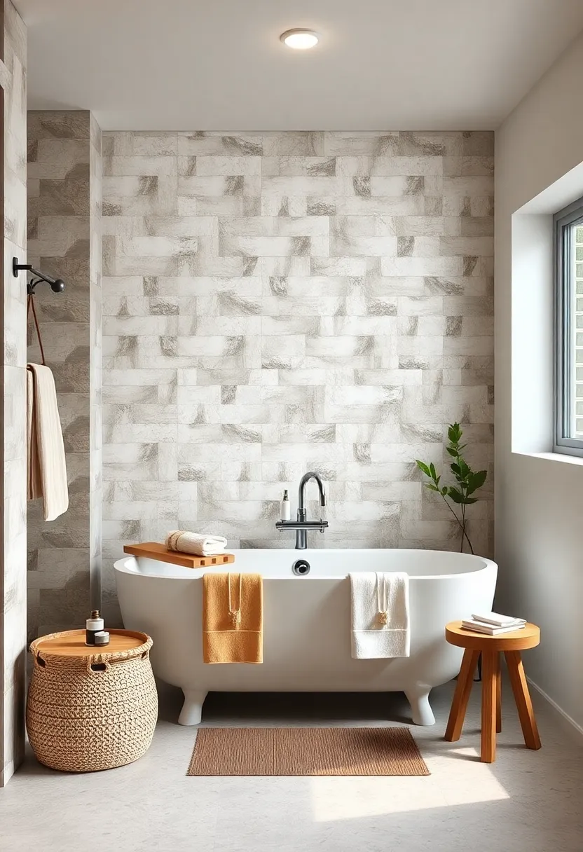Delicate Ceramic Tiles Forming a Subtle Pattern Behind a Cozy tub Sanctuary in‌ a Modern Rustic Setting