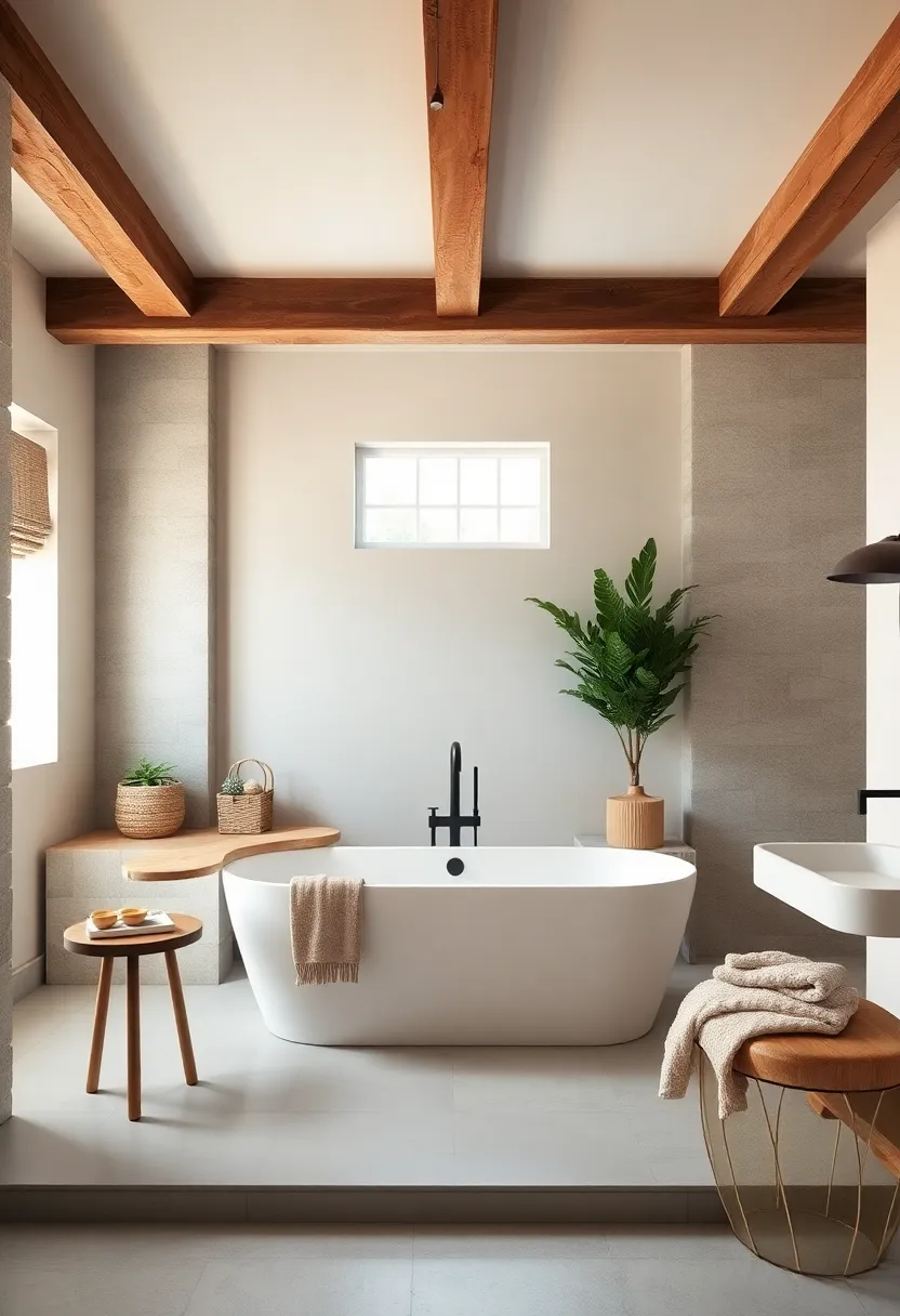 Exposed Ceiling Beams Framing a Spacious Bathtub Area with Subtle Farmhouse Charm and Contemporary Elegance