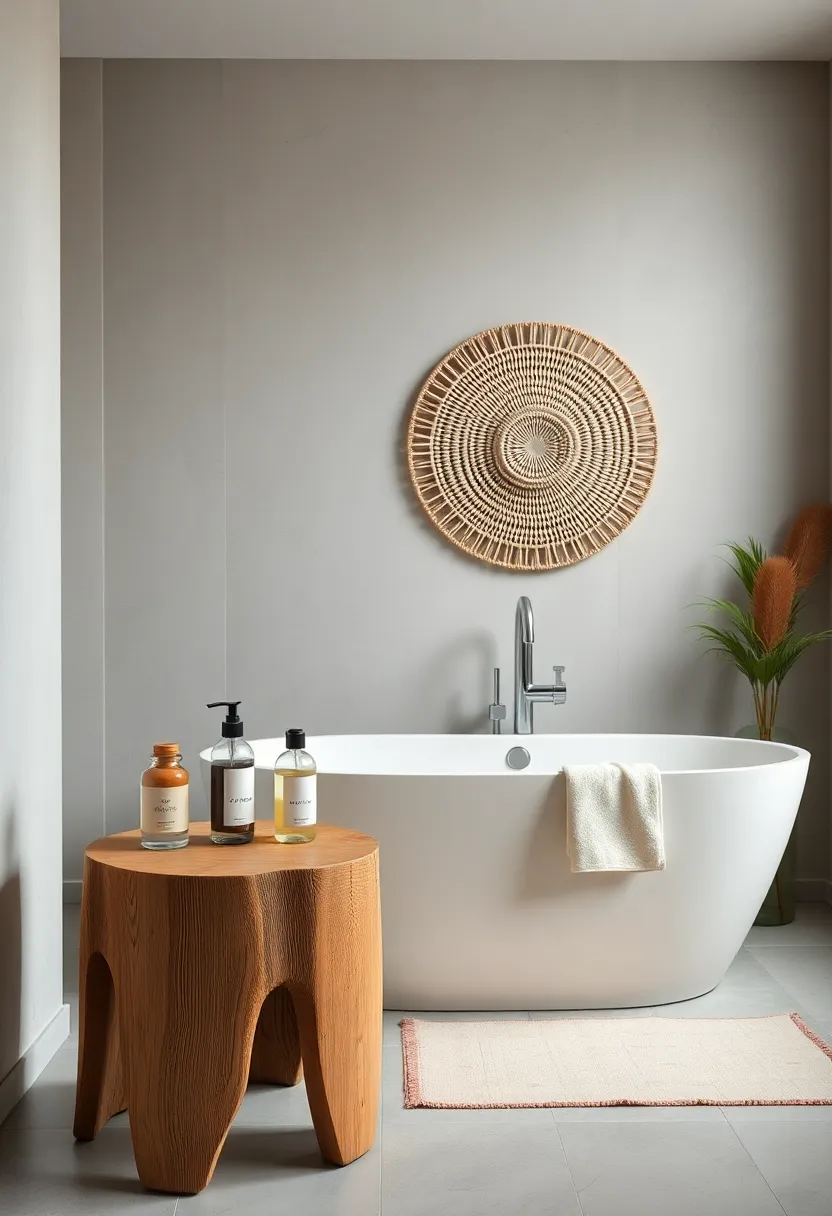 Handcrafted Wooden Stool Holding Bath ‌Essentials ⁣Adjacent​ to a Modern Farmhouse Tub and Woven Wall Art