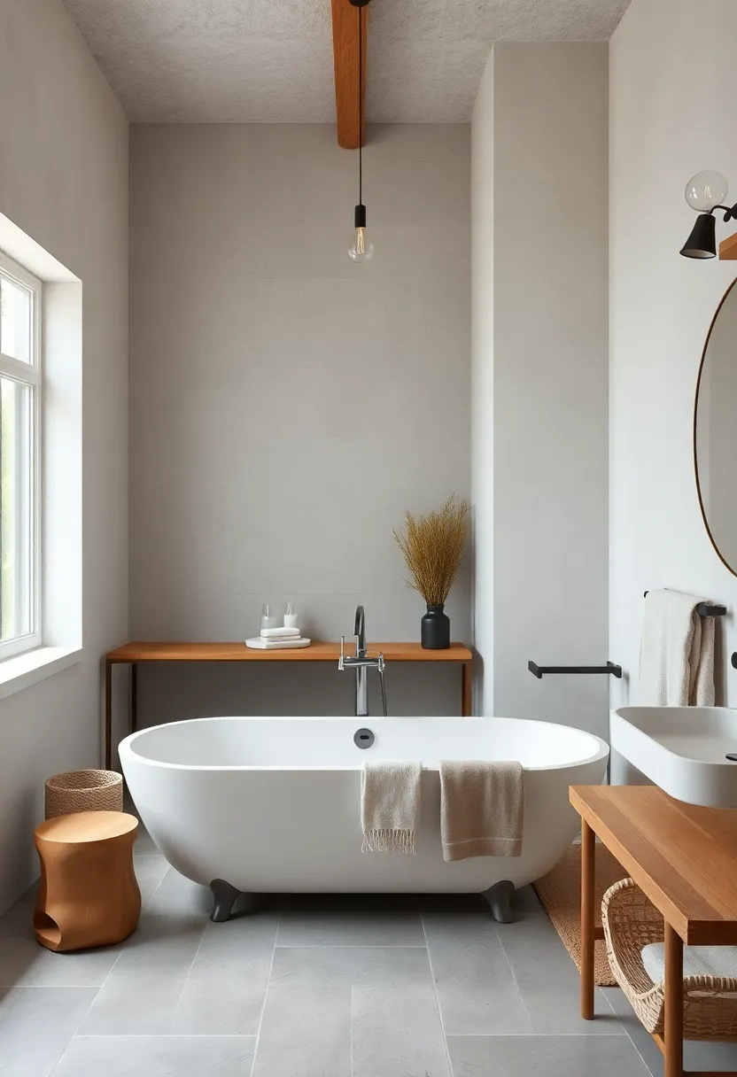 Natural Stone Flooring Paired with Soft Wooden Accents Creating a Timeless Backdrop for a ‌Cozy Bathing‌ Retreat
